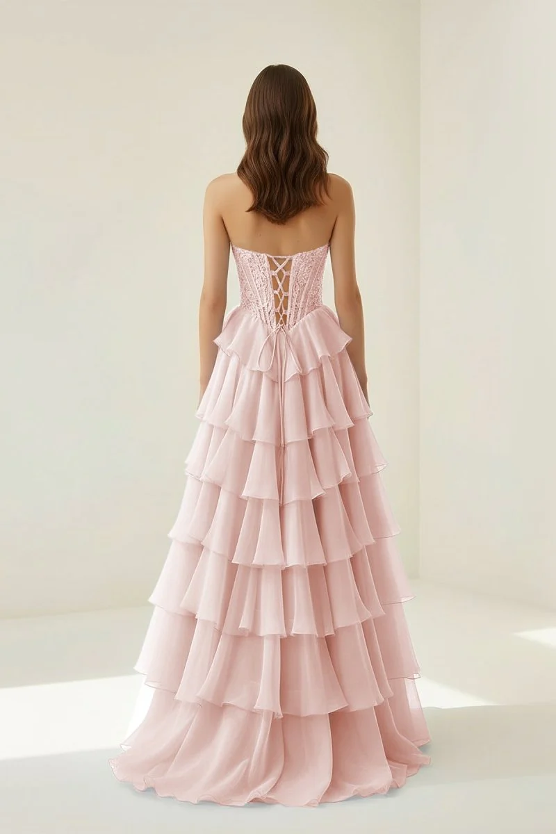 Pink - Strapless A Line Chiffon Ruffled Prom Dresses With Appliques