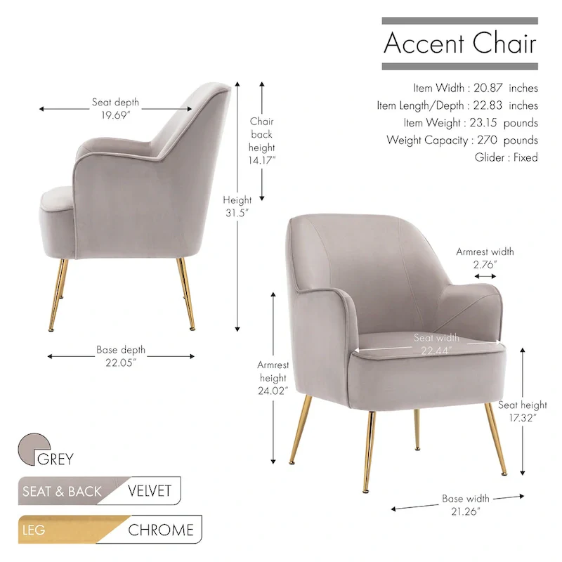 Velvet Upholstered Accent Chair with Gold Chrome Legs
