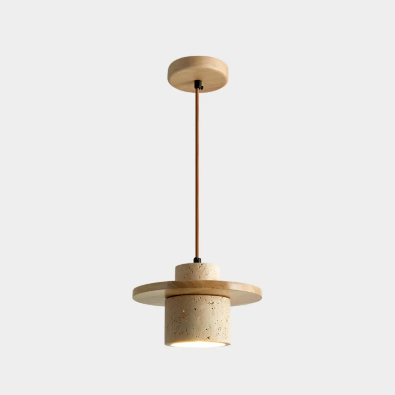 Modern Beige Stone Wood Disc Cylinder Pendant Light