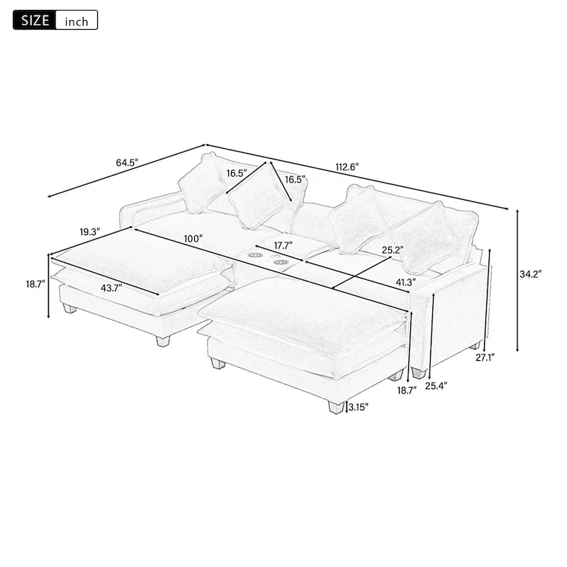 112.6  Chenille Upholstered Sectional Sofa with 2 Removable Ottoman