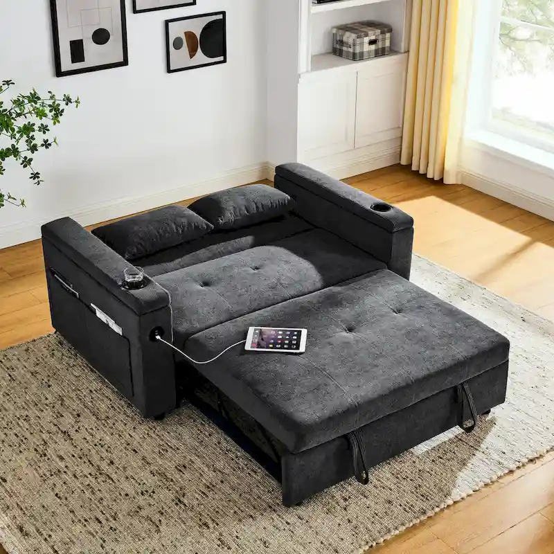 2-Seat Sleeper Sofa Bed with USB Power Outlet, Side Pockets and Lumbar Pillow