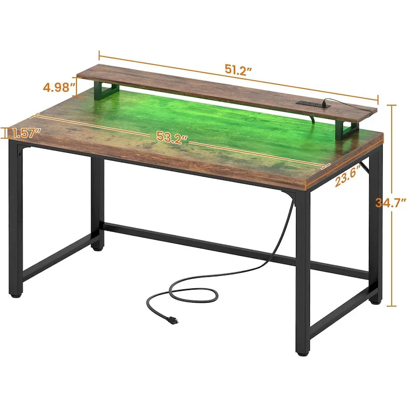 55 Inch Computer Desk with Socket and LED Light,Home Office Desk with 1.5 inch Thickened desktop,Writing Study Gaming Table