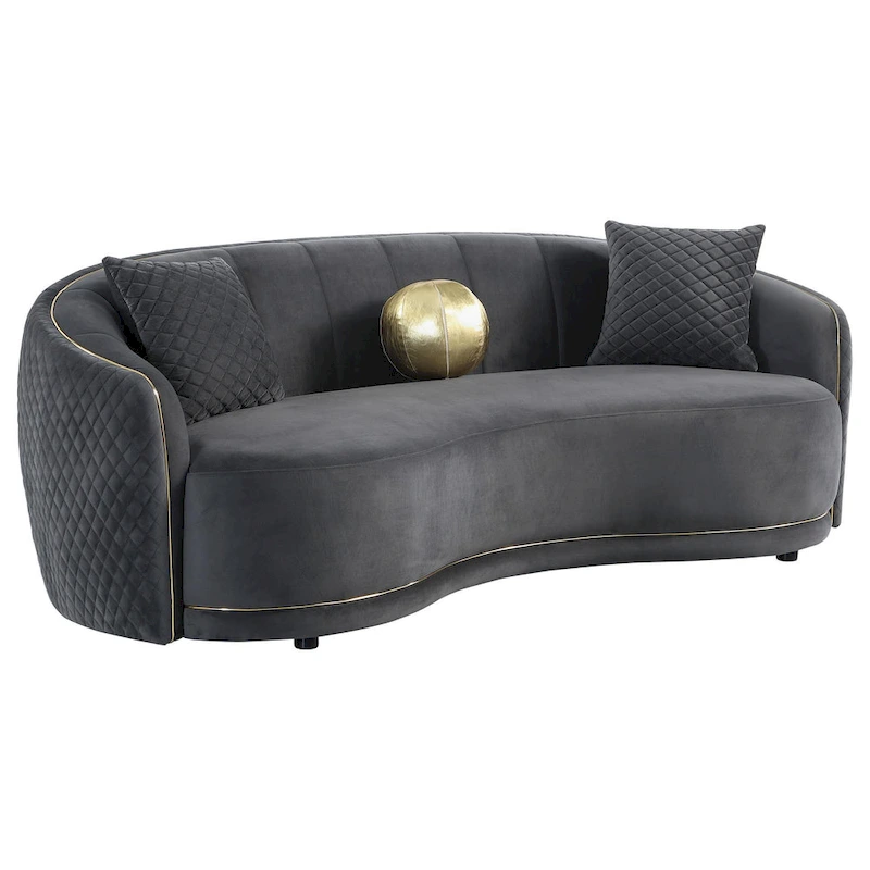 Buo Curved Sofa, 92 Inch, Dark Gray Polyester, Gold Trim, 3 Pillows