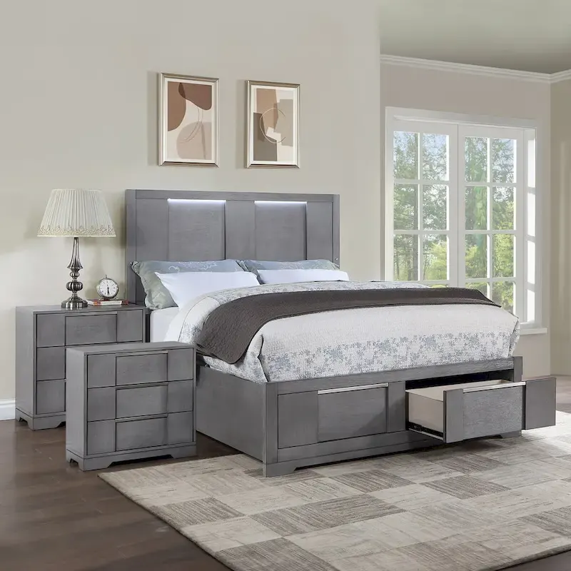 Furniture of America Tona Contemporary 3-Piece Grey Wood Storage Platform Bedroom Set with LED Lights