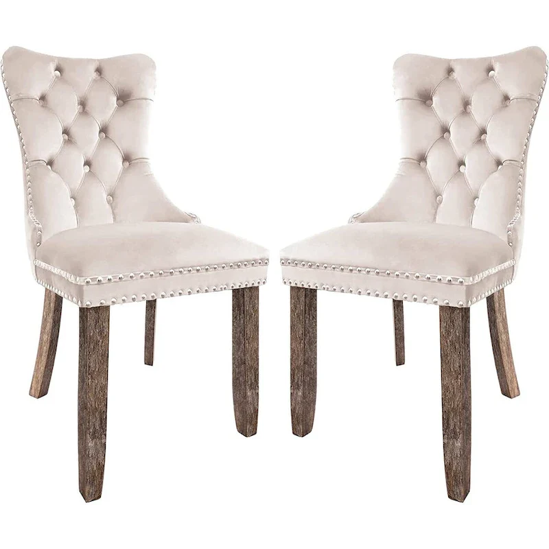 Velvet Dining Chairs Set of 2, Upholstered High-end Tufted Dining Room Chair with Nailhead Back Ring Pull Trim Solid Wood Legs