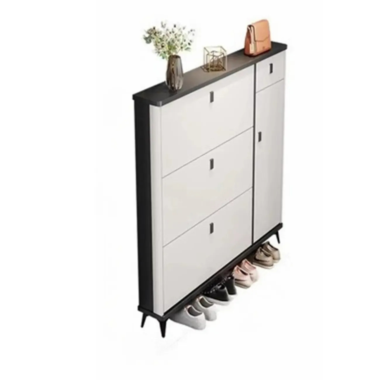 Narrow Black-White Solid Wood Drop Front Shoe Cabinet