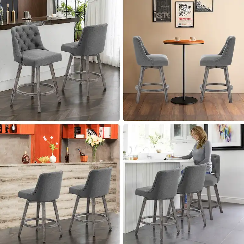 HOMYKA Tufted Swivel Bar Stool with Wood Grain Chair Legs Set of 2