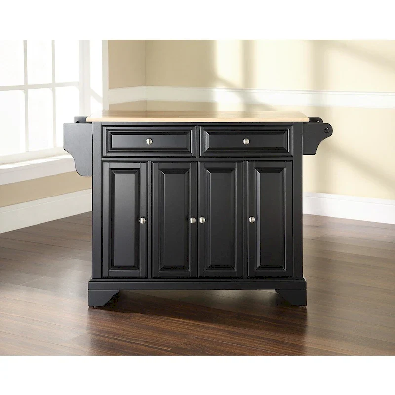Full-Size Kitchen Island with Natural Wood Top in Black Finish - 51.5W