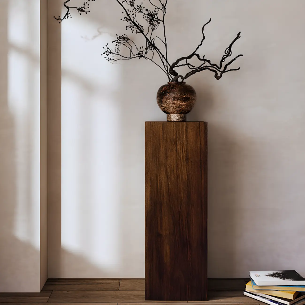 Pillar Rustic Pine Wood Square Accent Side Table