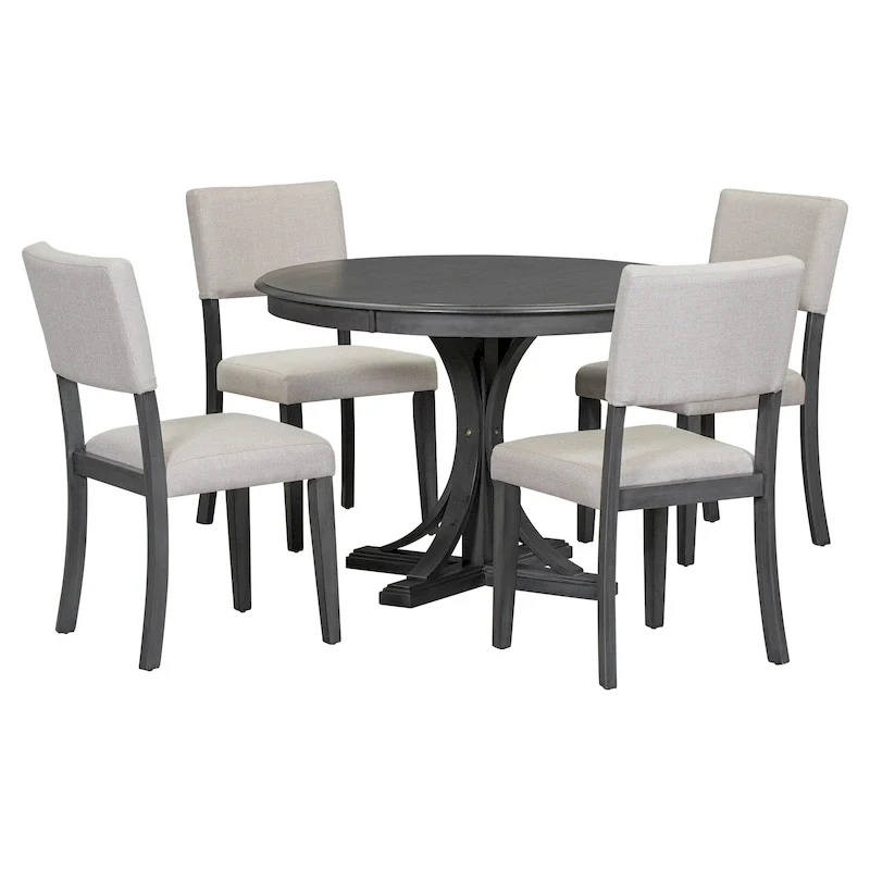 5-Piece Round Dining Table Set with Curved Trestle Style Table Legs and 4 Chairs