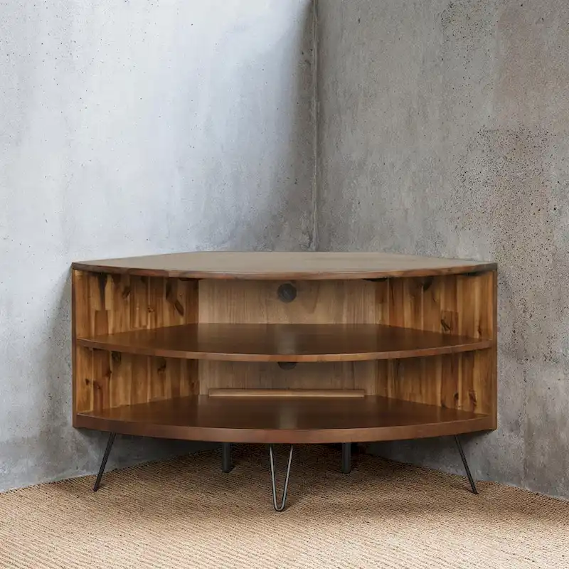 Dark Brown Corner Media Stand, 2-Shelf Open Storage, Solid Acacia Wood