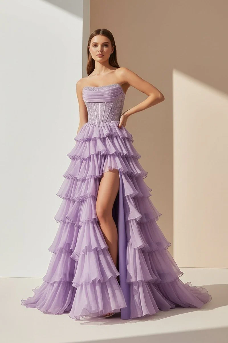 Lavender - A Line Strapless Chiffon Beaded Corset Long Prom Dress With Slit