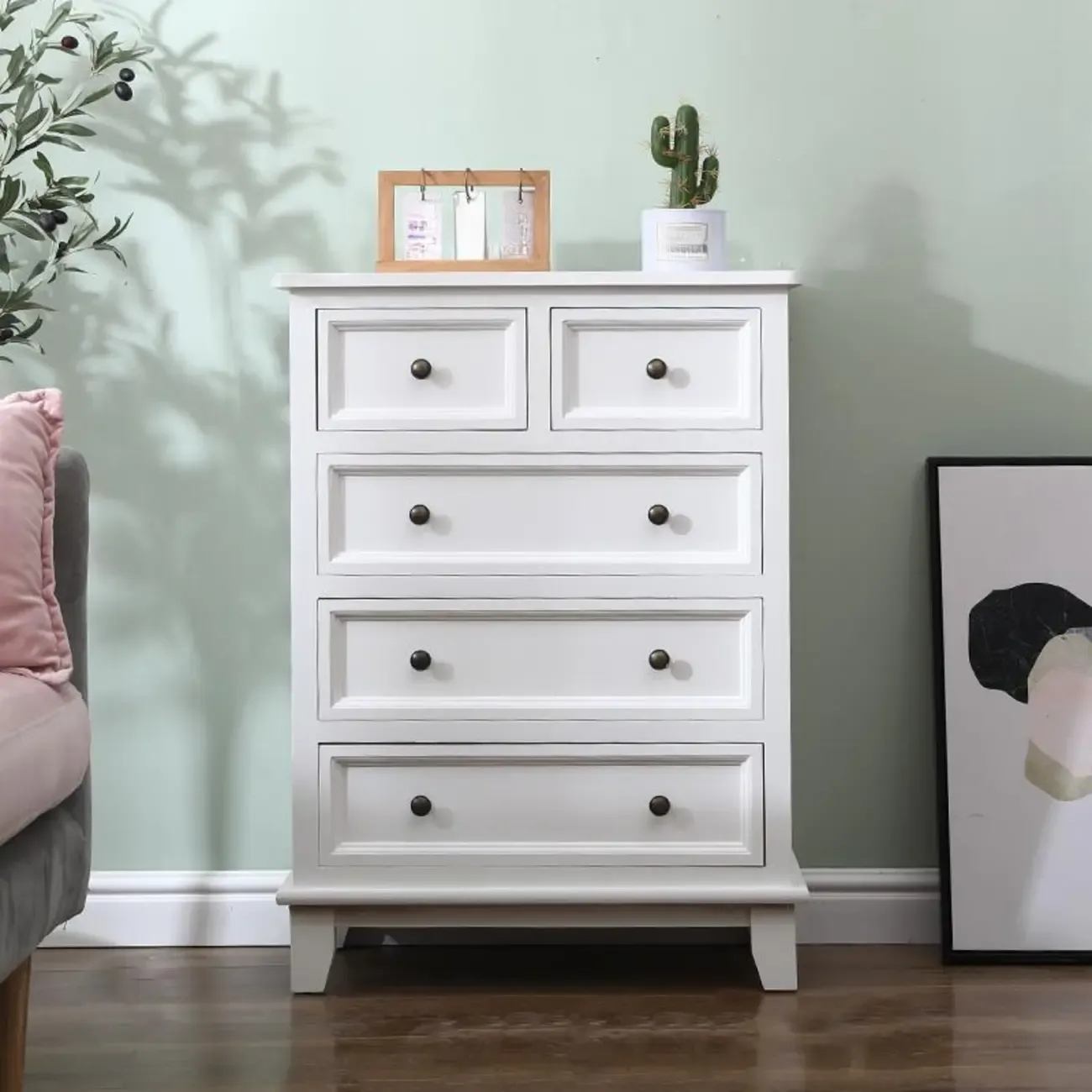 Elegant Wooden 9-Drawer White Dresser with Metal Handle