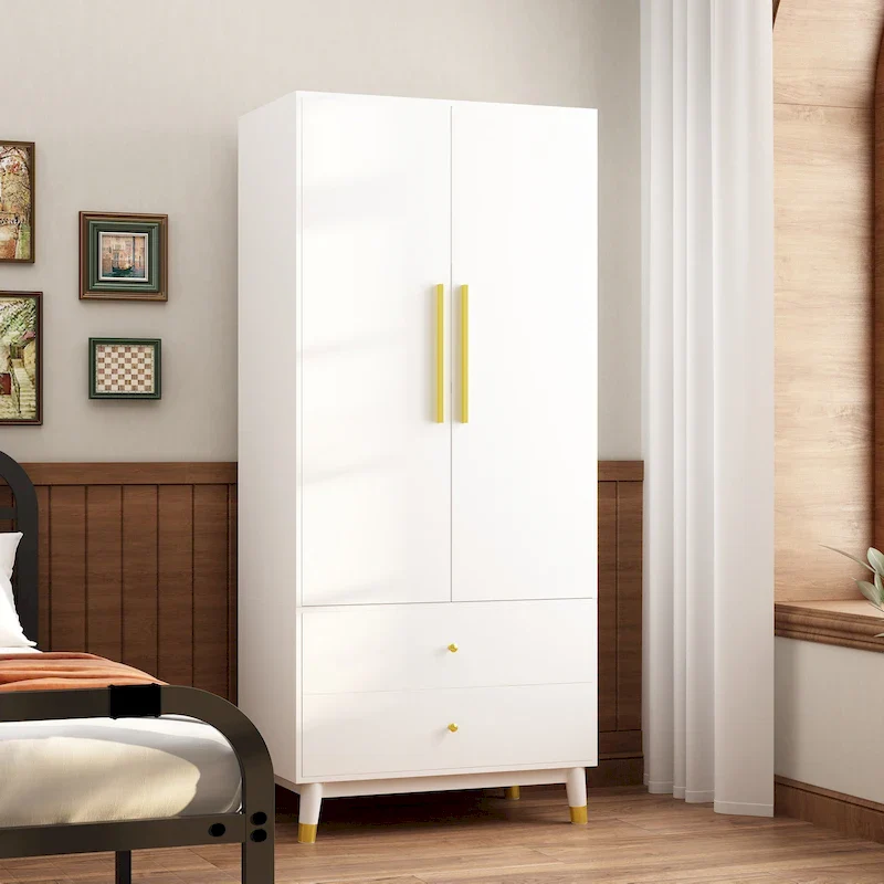 Grey/Brown/White Wardrobe with 2 Drawers & Hanging Rod, 1-Person