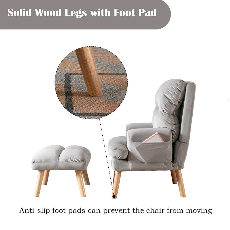 Velvet Fabric Armchair with Ottoman with Adjustable Backrest and Side Pockets