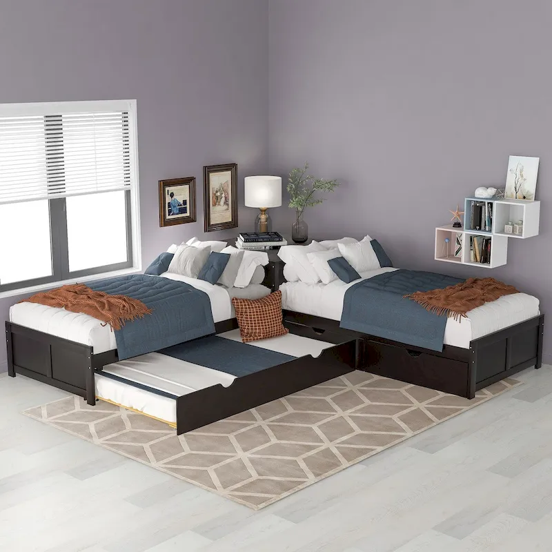 Espresso/Gray/White L-Shaped Twin Platform Bed with Trundle, Drawers & Built-in Table, Sleeps 3
