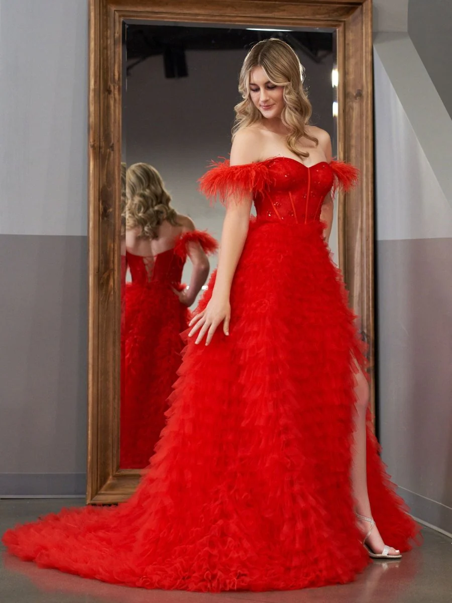 A Line Sweetheart Tiered Tulle Long Prom Dress With Slit