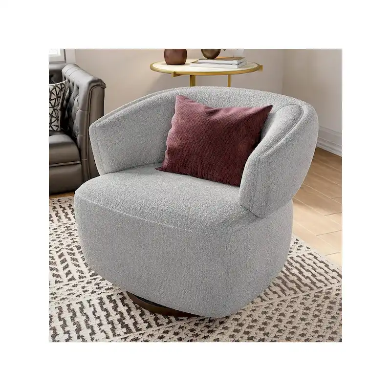 Beige / Grey Upholstered 360° Swivel Barrel Accent Chair – Single
