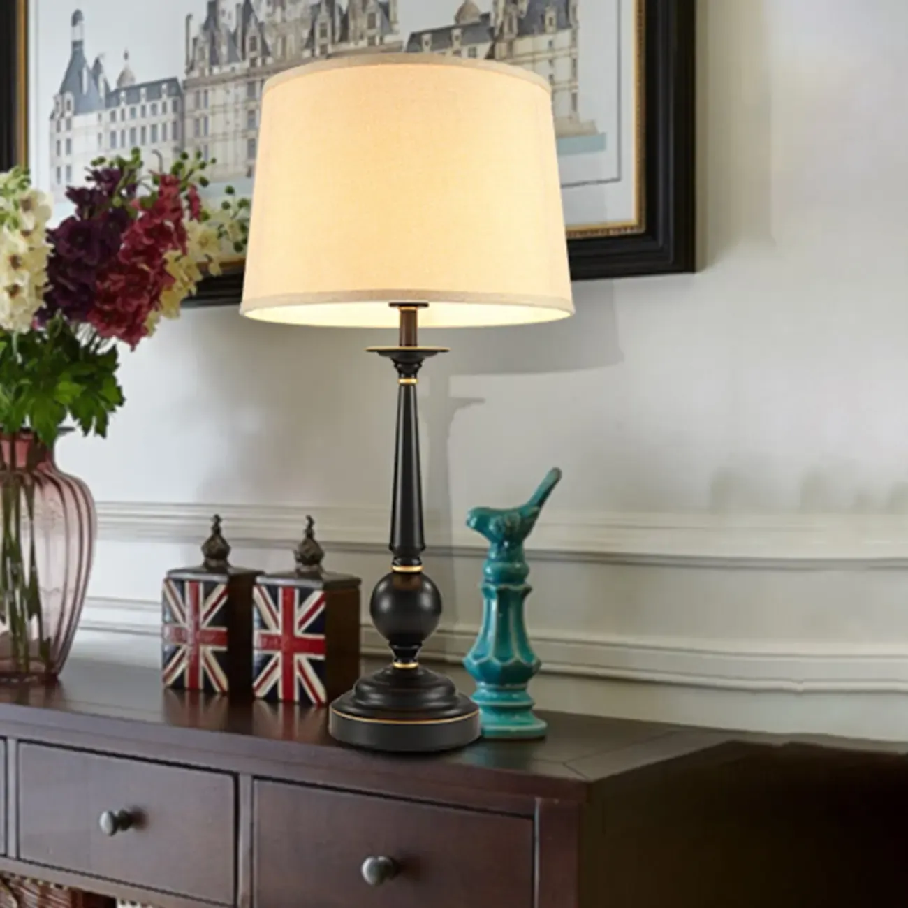 Traditional Fabric Shade Black Metal Standard Table Lamp