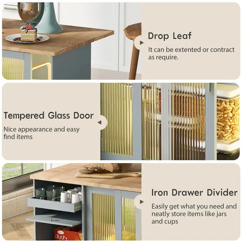 LED Light Kitchen Cart with Drop Leaf and Adjustable Shelf