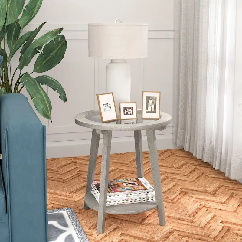 COSIEST Champagne Round Solid Wood Tempered Glass Coffee Table