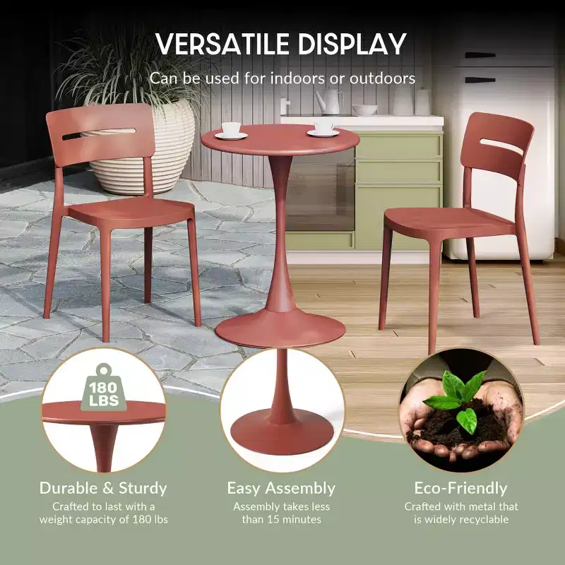 WestinTrends Playa 3-Piece Round Metal Bistro Dining Table Set And Stackable Resin Patio Dining Arm Chairs