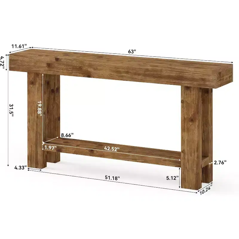 Tribesigns 63-Inch Solid Wood Long Console Table, 2-Tier Storage Farmhouse Sofa Table, for Living Room, Hallway, Entrance, Foyer, Rustic Brown