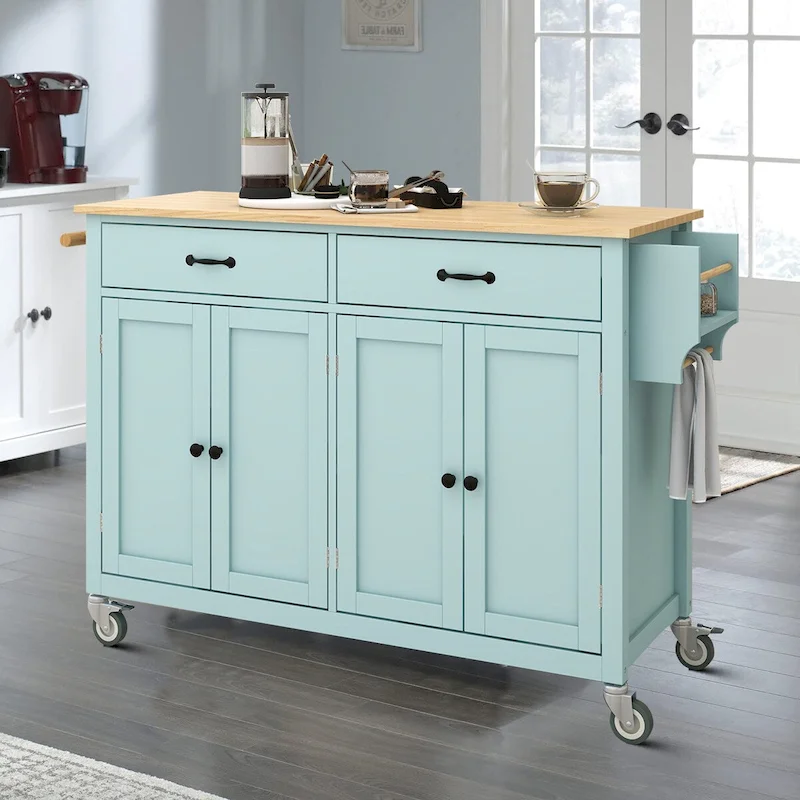 Classic Wooden Kitchen Island Cart with 2 Drawers, 2 Cabinets, a Towel Rack and a Spice Rack