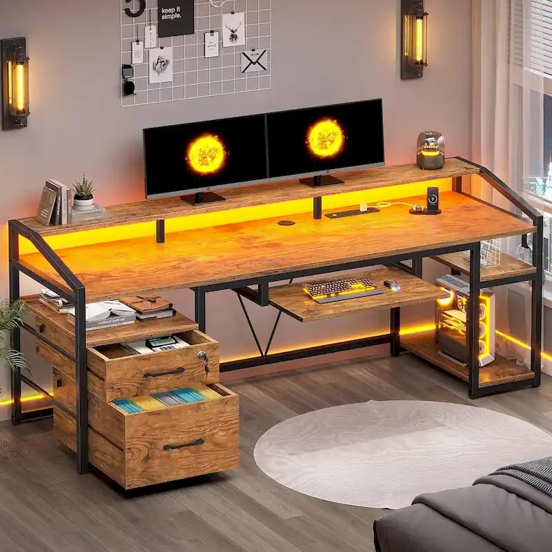 Brown / Grey / Black L-Shaped Gaming & Office Desk, 1-Person, with LED Light, Lock Drawers & Power Outlet