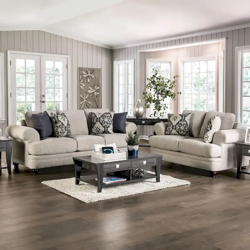 Frane Transitional Beige Chenille Upholstered T-Cushion Sofa by