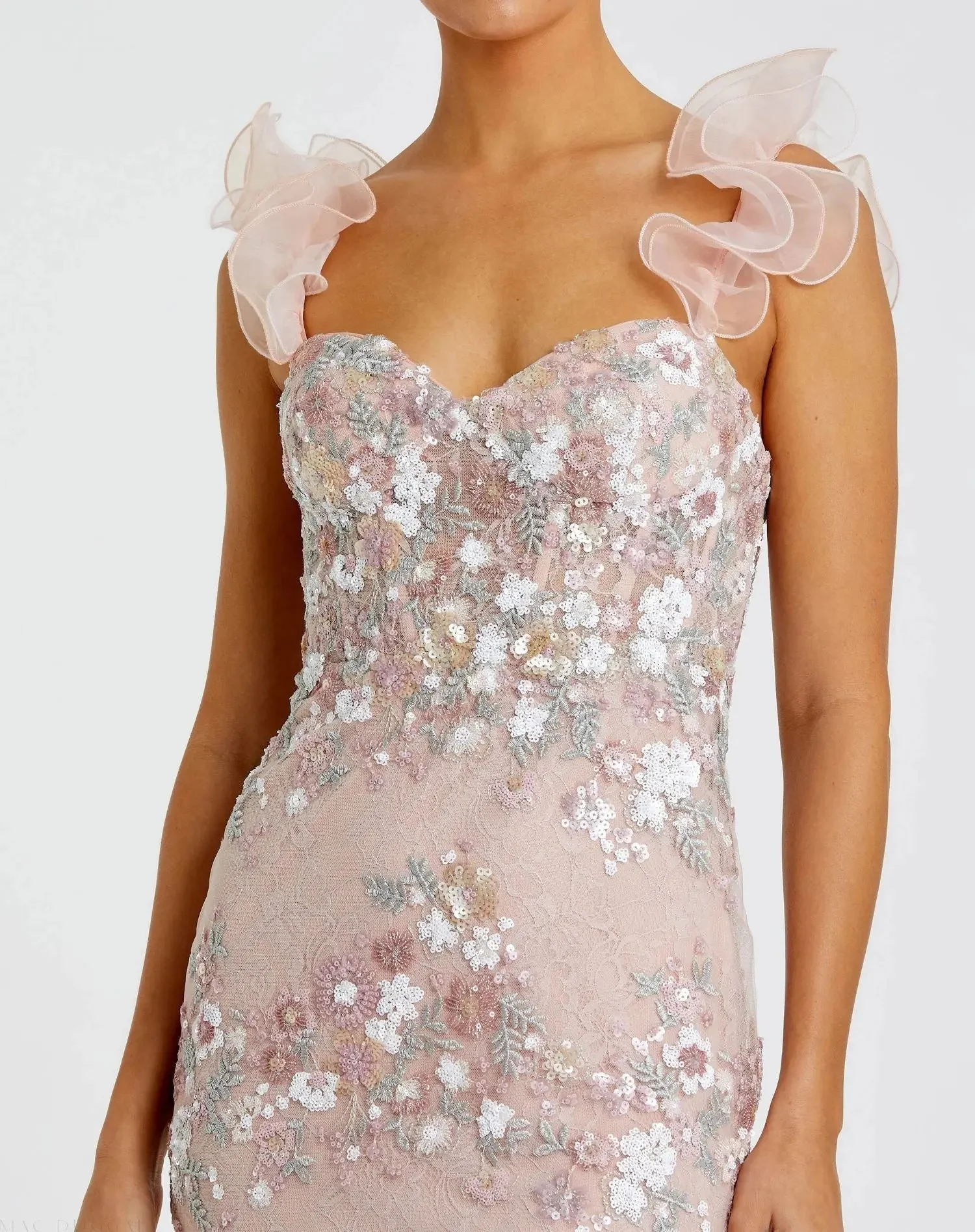 Pink Embroidered Floral Column Gown with Ruffle Straps