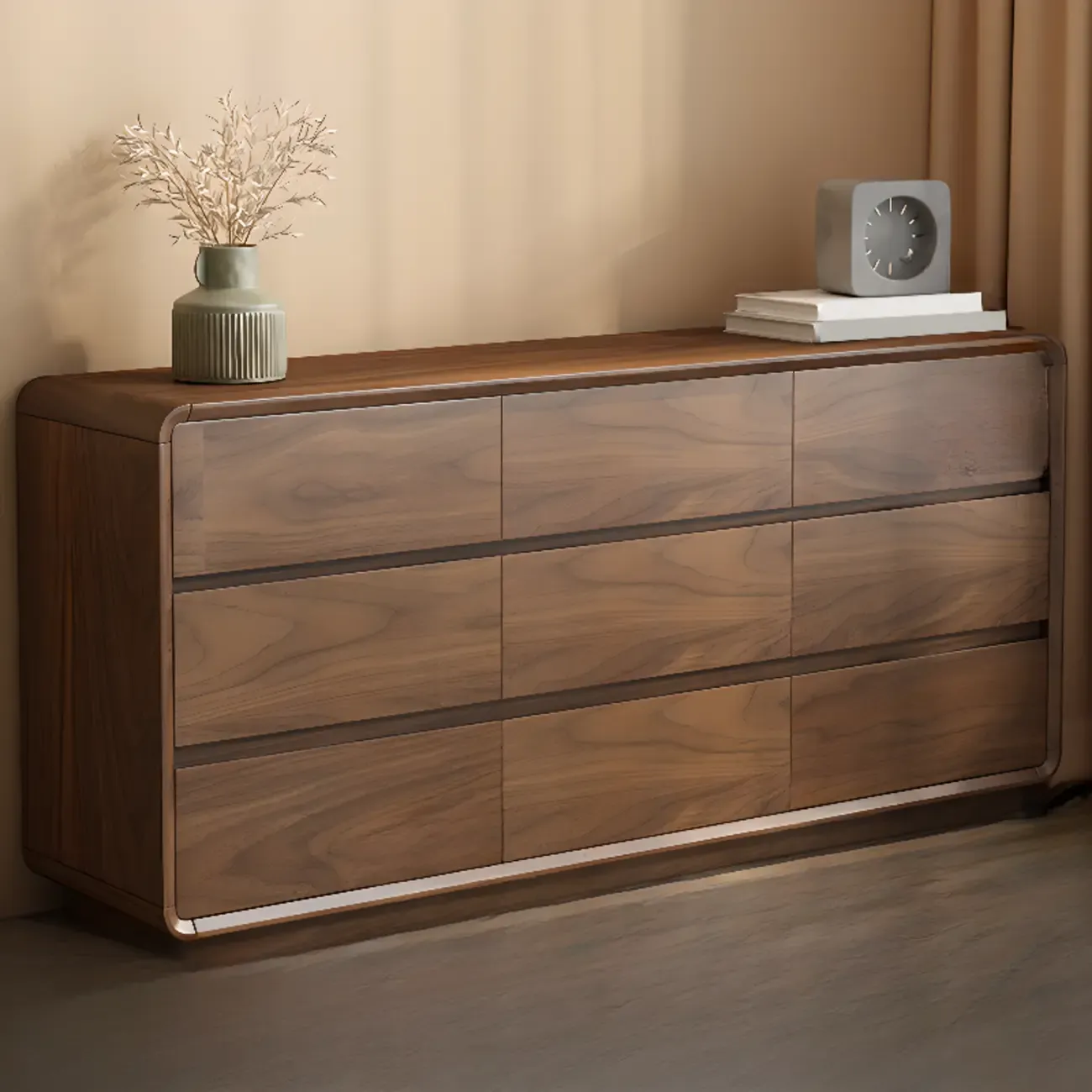 Minimalist Brown Wood Double Dresser with 9-Drawers Storage