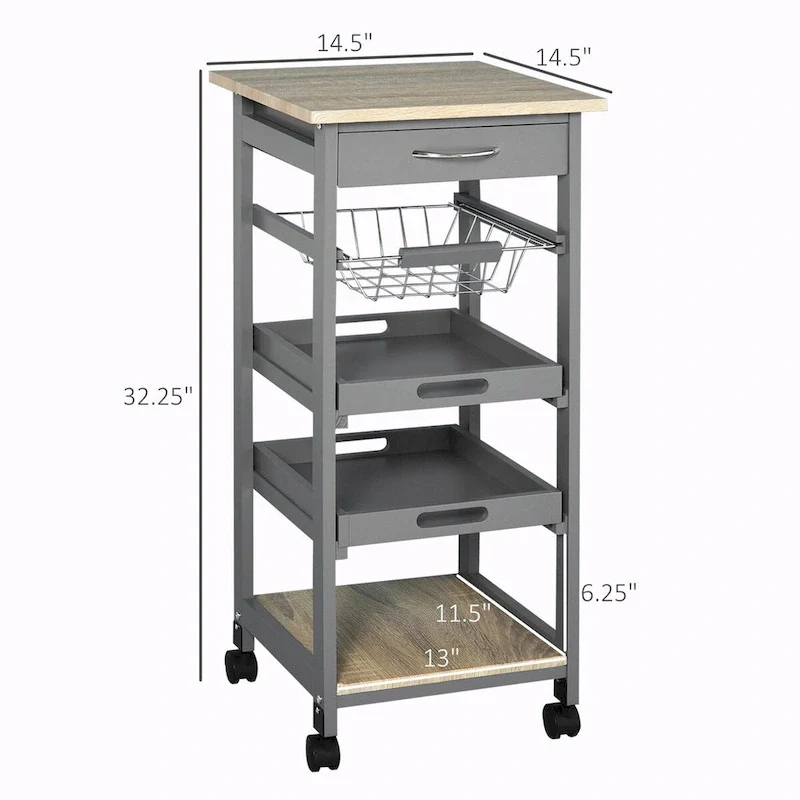 Rolling Kitchen Island Cart with Drawer & Wire Basket