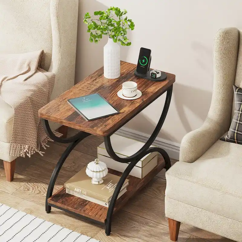 2-Tier Rectangular Wood Metal End Side Chairside Table