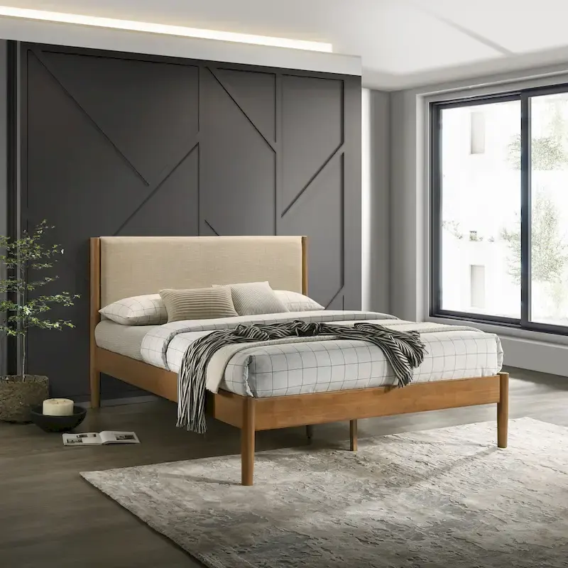 Roundhill Furniture Vichy Platform Bed, Light Walnut, Queen