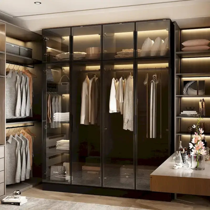 Elegant Black Wardrobe with LED Lighting and Tempered Glass Doors