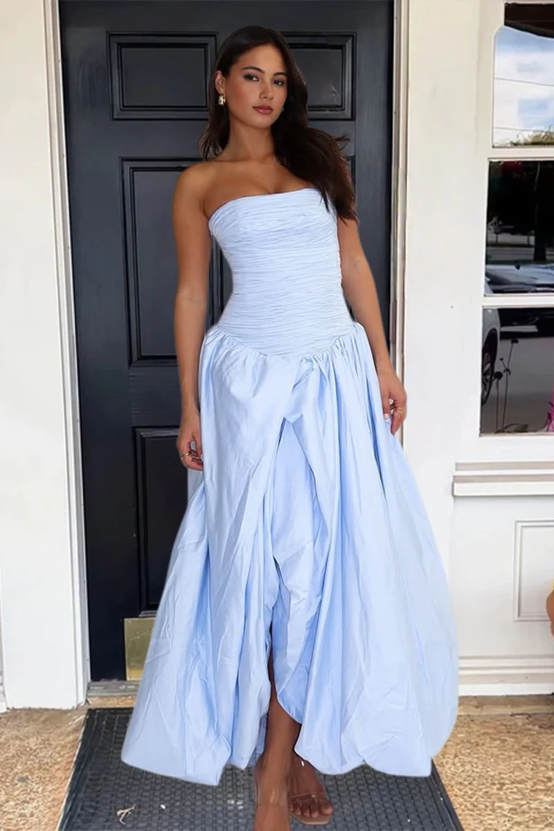 Sky Blue - Strapless A Line Satin Pleated Prom Dresses With Slit