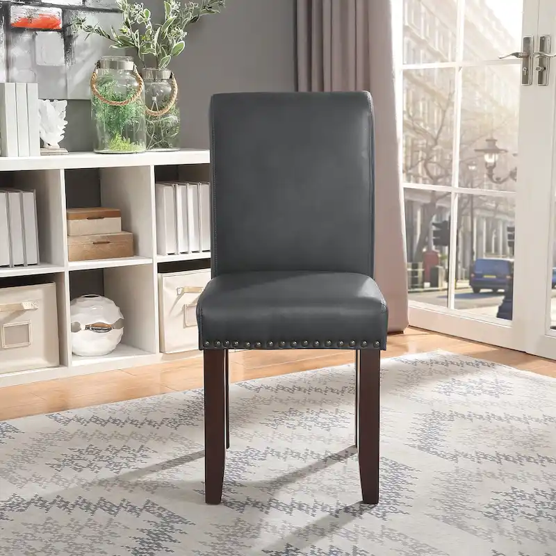 Brown Faux Leather Parsons Dining Chair with Nailhead Trim, 1-Person