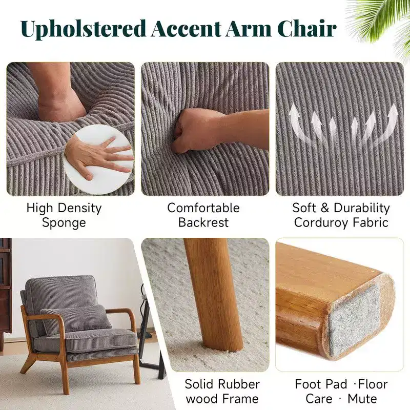 Karl Home 2Pcs Mid Century Solid Wood Accent Chair Upholstered Armchair with an Extra Pillow