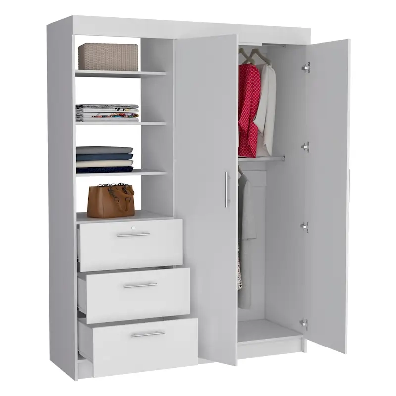 Kenya 3-Drawer Armoire with 3 Upper Shelves, 2 Hangers, Metal Handles, White - N/A