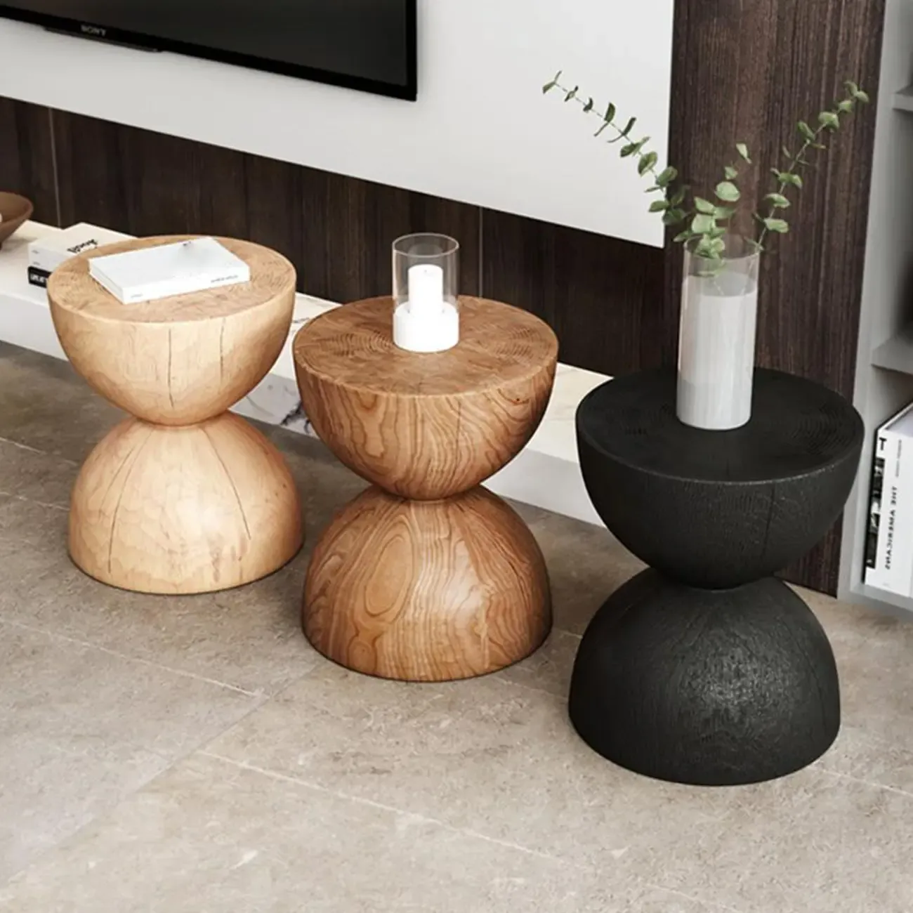 Modern Wooden Drum End Table with Unflip Top for Living Room