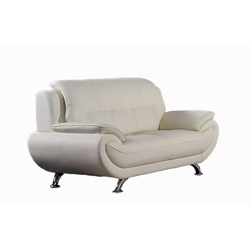 Deni 67 Inch Loveseat, Tufted Ivory Real Leather, Chrome Metal Legs