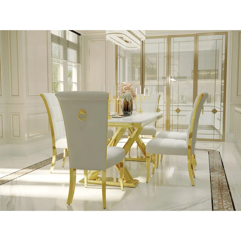 Luxury White Velvet Dining Chairs with Pull Ring on Back and Polished Gold Legs