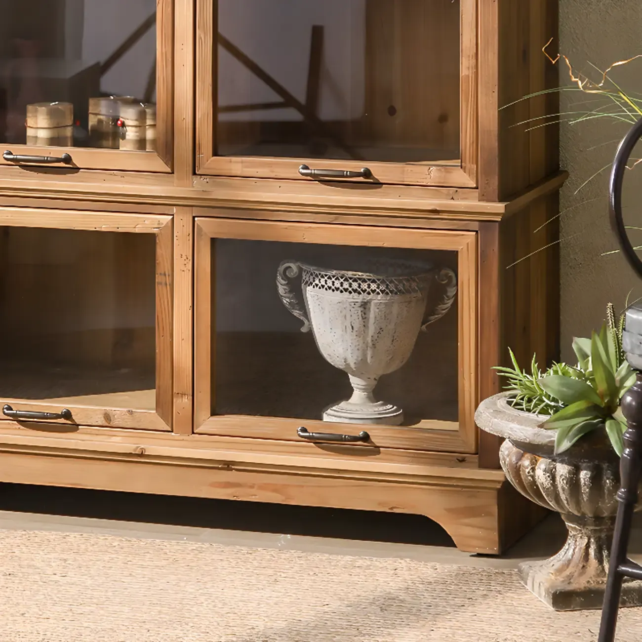 Traditional Multi-Shelves Brown Wooden Flip-Up China Cabinet