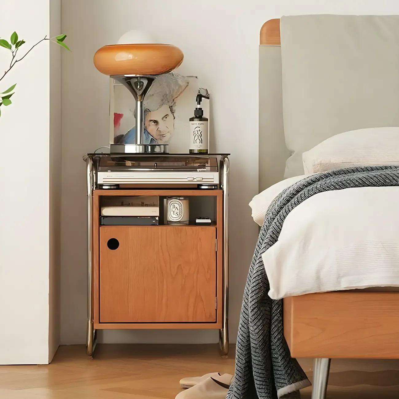 Natural Finish Narrow Glass-Top Light Wood Nightstand