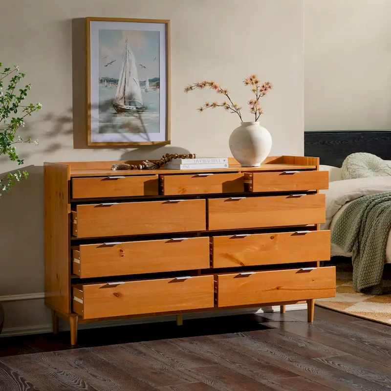 Solid Pine Wood 9-Drawer Dresser with Gallery Top