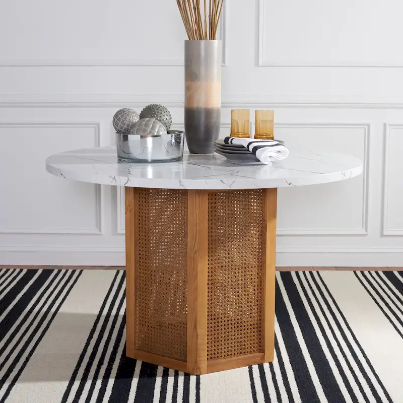 White / Black / Natural Cane Hexagonal Base Round Dining Table (Seats 4)