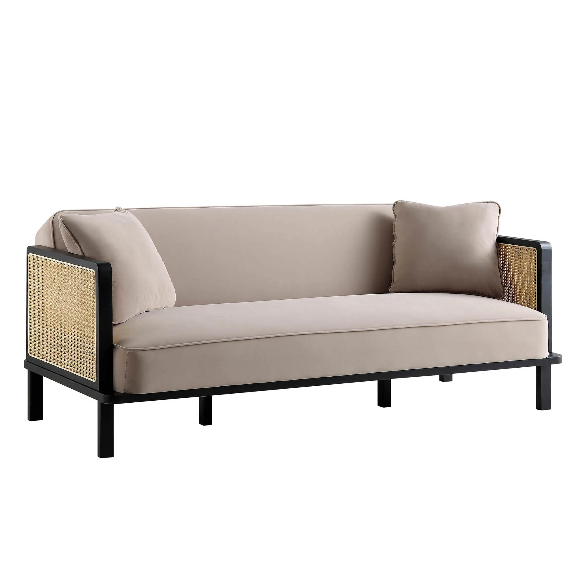 Solid Wood and Cane Sofa Bed, Taupe Velvet with Black Frame