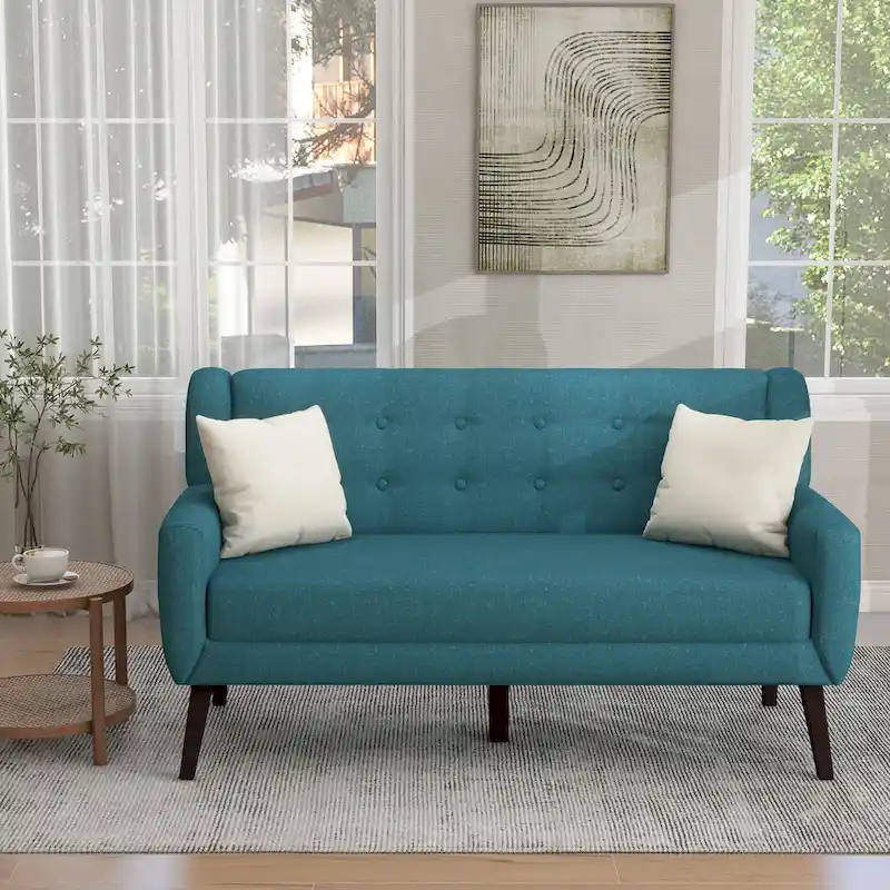 Tufted Linen/Cotton 2-Seater Sofa with Pillows