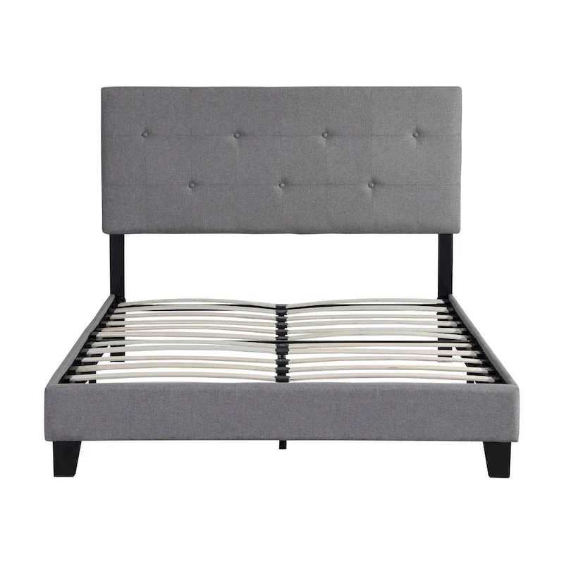 Full Size Grey Linen Platform Bed, Pull Point Tufted Headboard, Wood Slat Support, 500 LBS Capacity